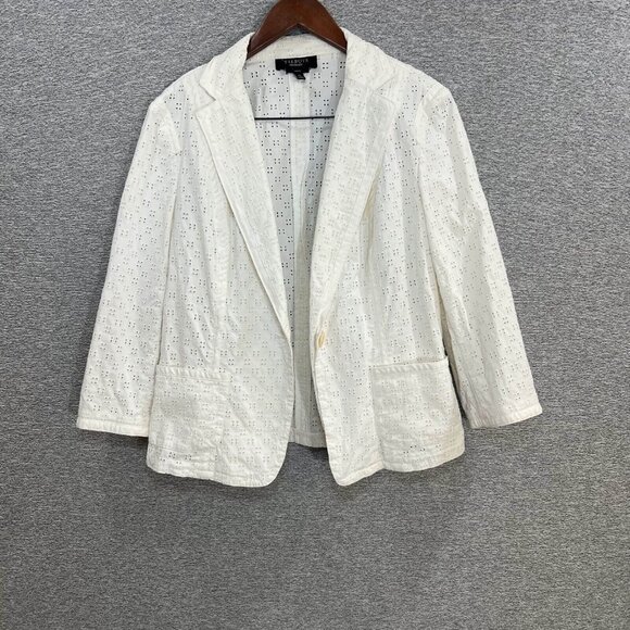 Talbots Blazer Jacket Women Size 10 White Stretch Embroidered Eyelet One Button - Picture 14 of 15